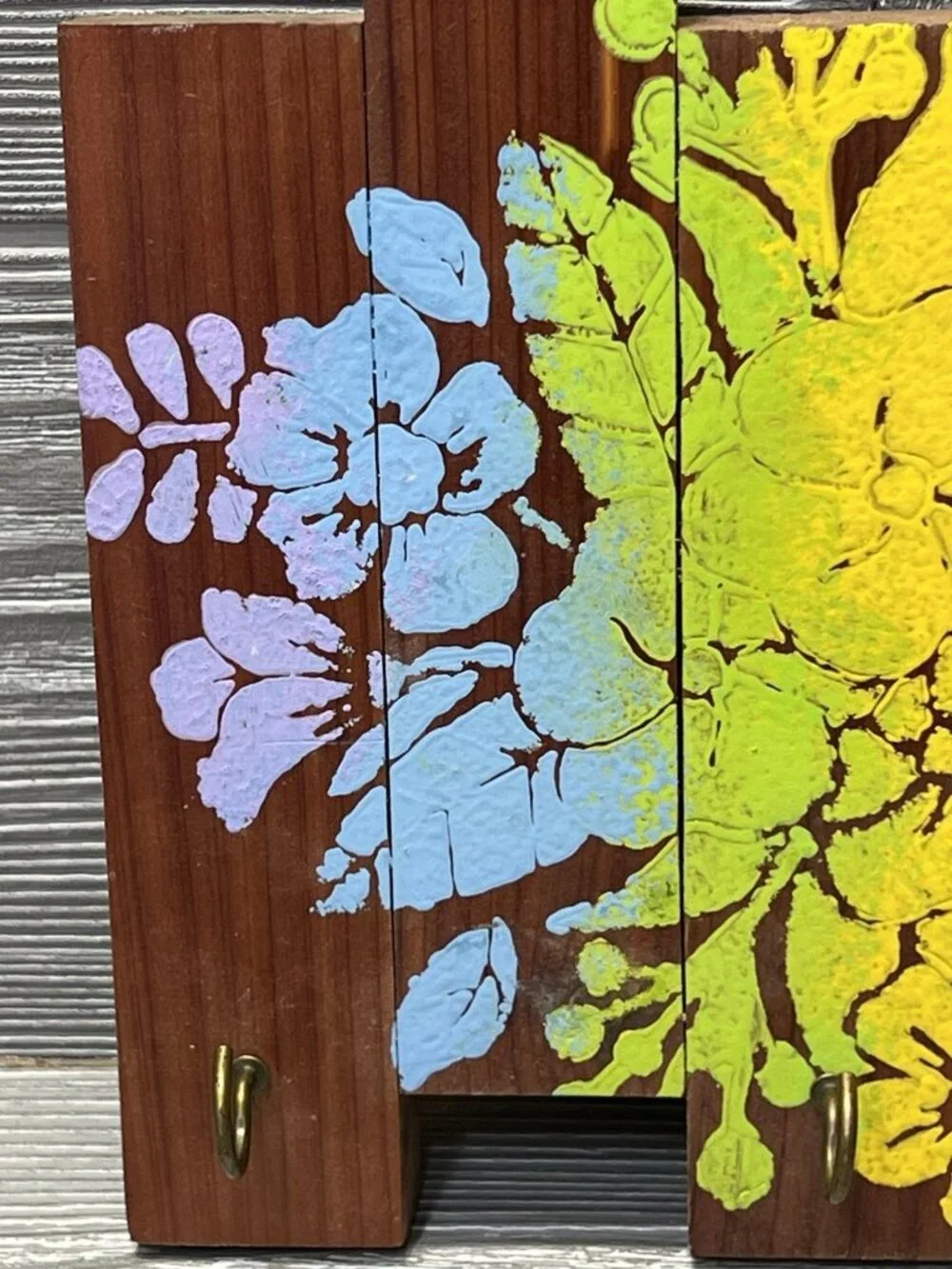 Vintage 1970s Handmade Wood Key Holder Pastel Floral Hawaiian Flowers Boho